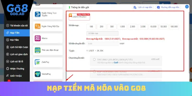 Nạp tiền mã hóa vào Go8
